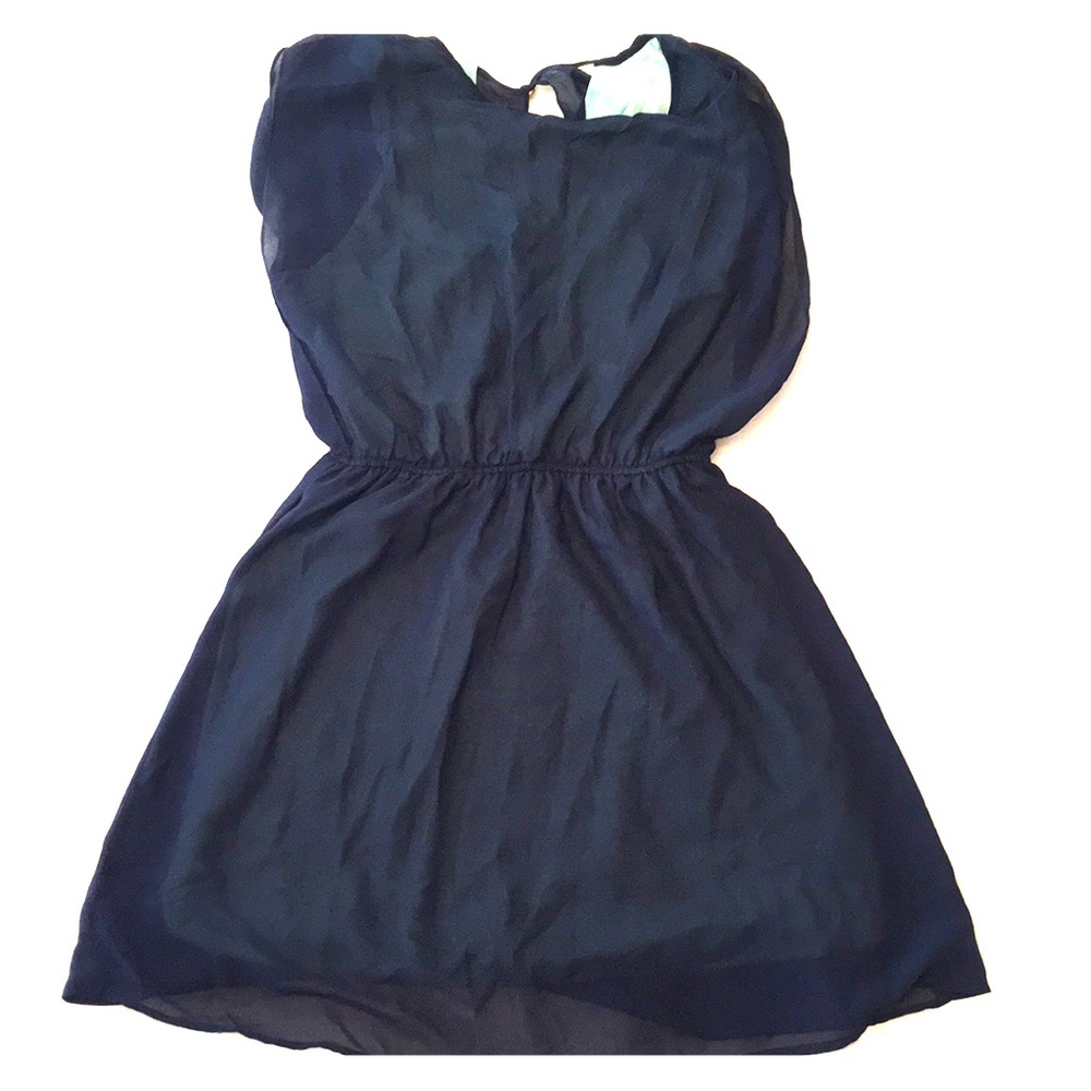 Sheer navy dress with turquoise underlay